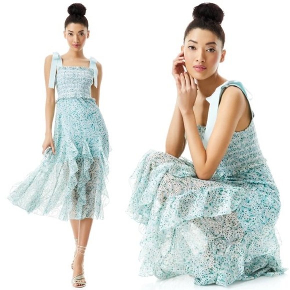 Alice and Olivia Midi Dress Floral Tie Shoulder Jocelyn Dress